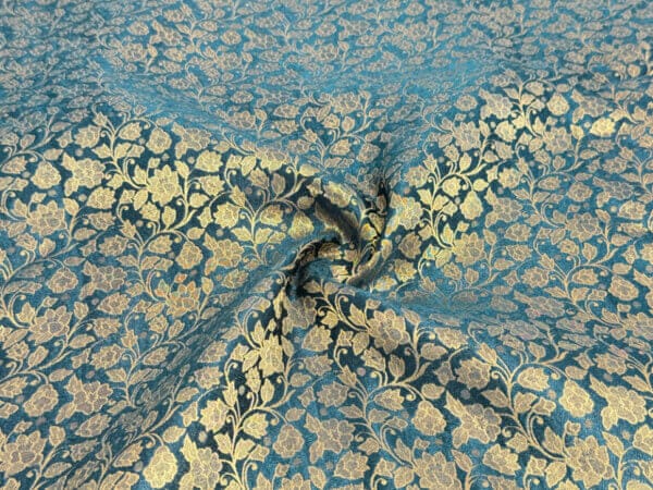 Peacock Blue Floral Semi Banarasi Brocade Fabic